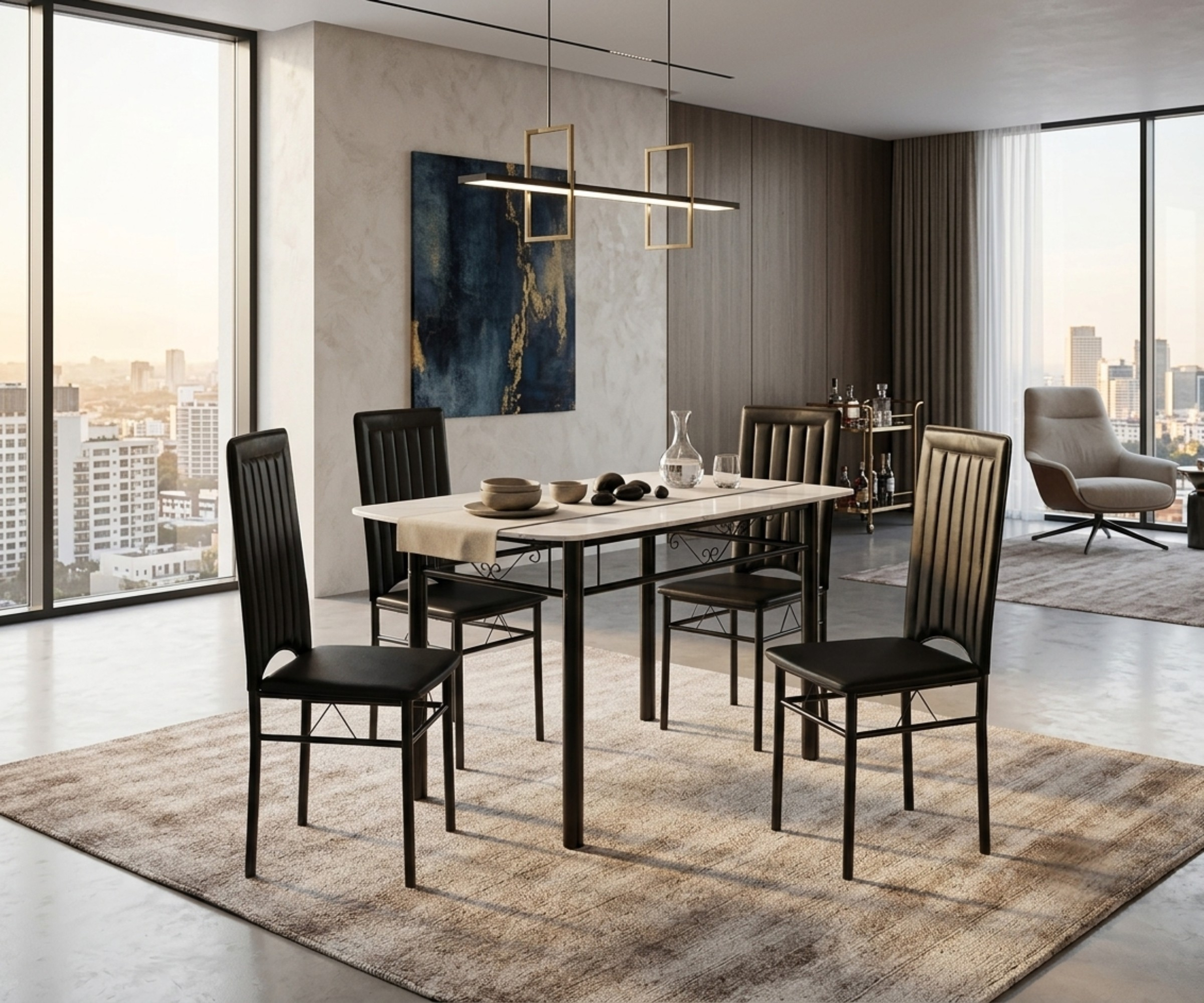 DINING TABLE - A36 dining chair in a city-view room with a marble-look table