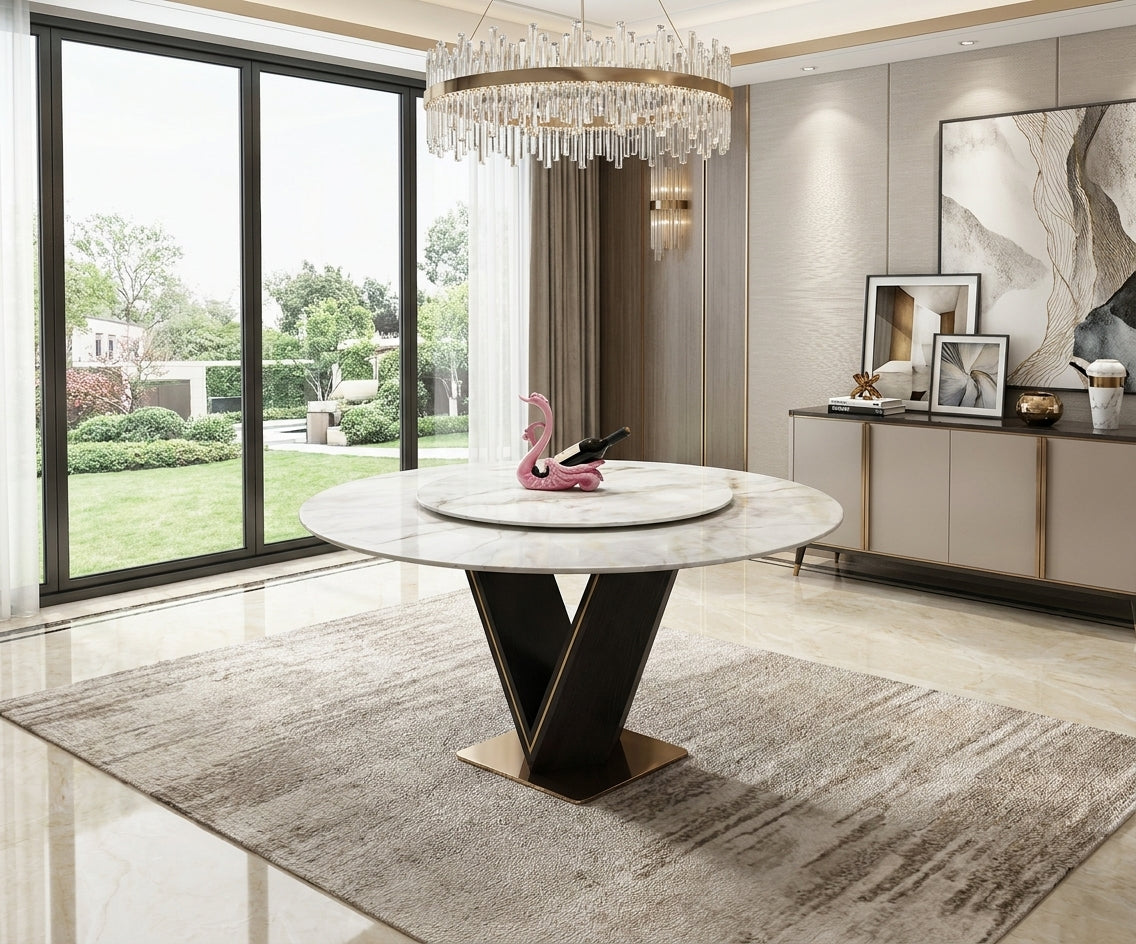 DINING TABLE B618/F70 in a bright dining room with a crystal chandelier