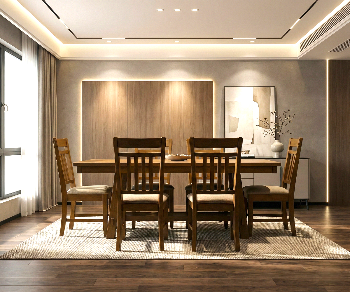 Dining table and chair 1+6 calyss in a warm lit dining room