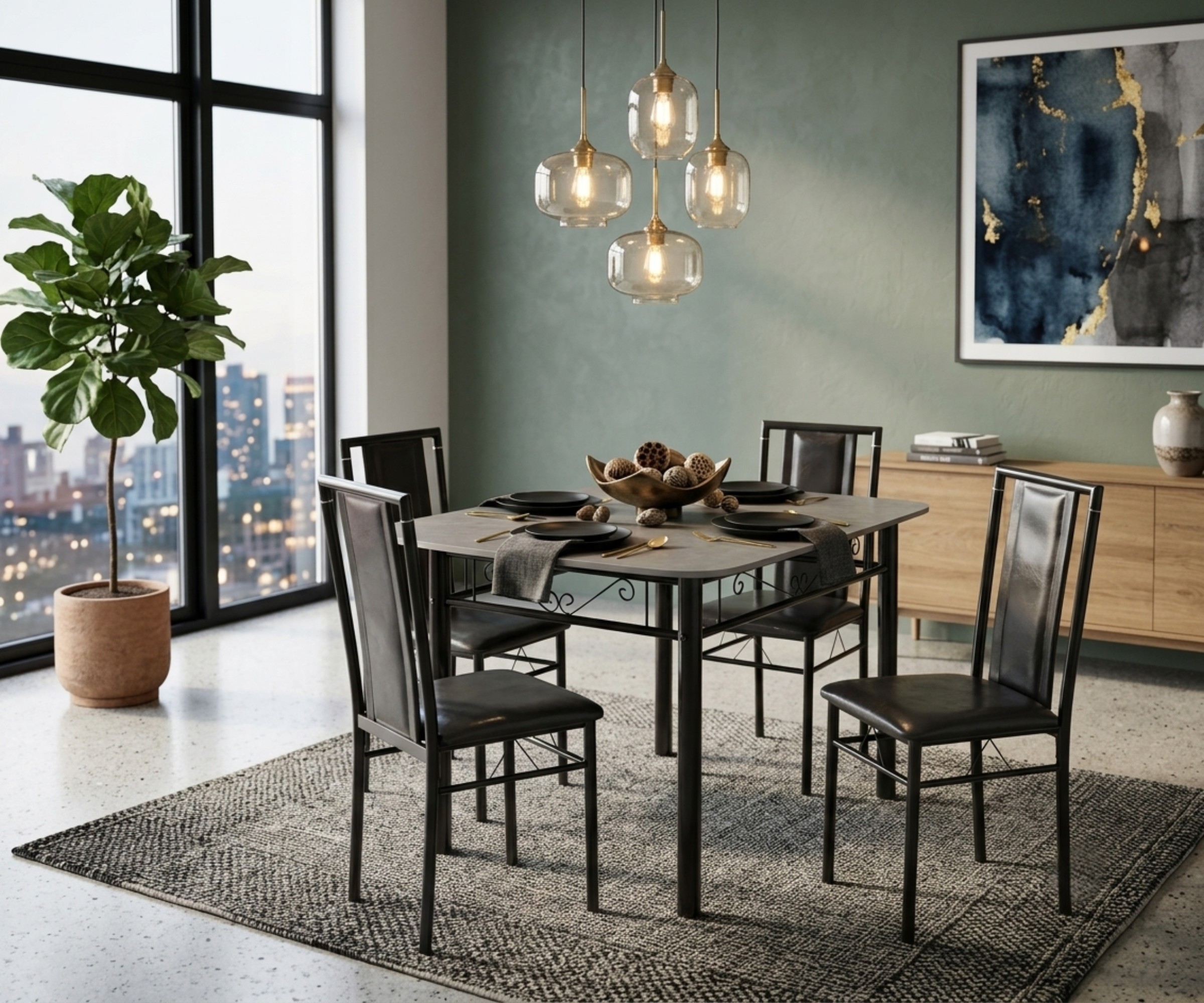 DINING TABLE SET - A36 in a city-view dining room with cluster pendants