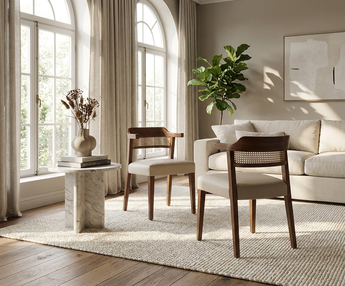 DOVE classic wicker armchairs in a bright living room with arched windows