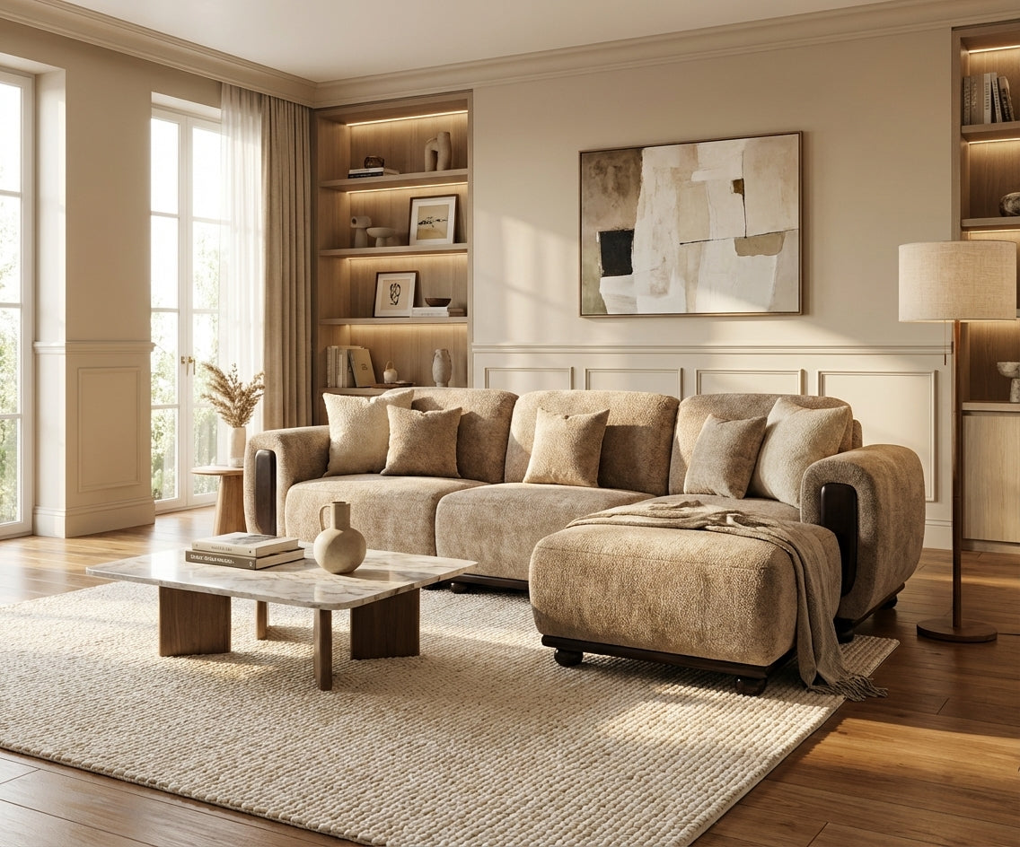 DREW beige fabric sofa with ottoman in a bright panelled living room