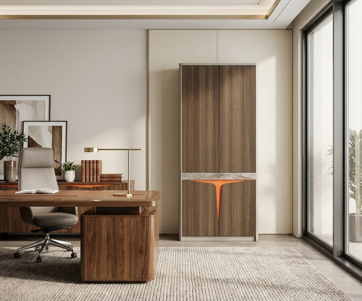 DSS walnut file cabinet with marble inlay in a bright corner office