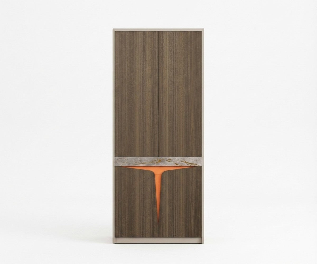 DSS walnut file cabinet with marble inlay in a bright corner office