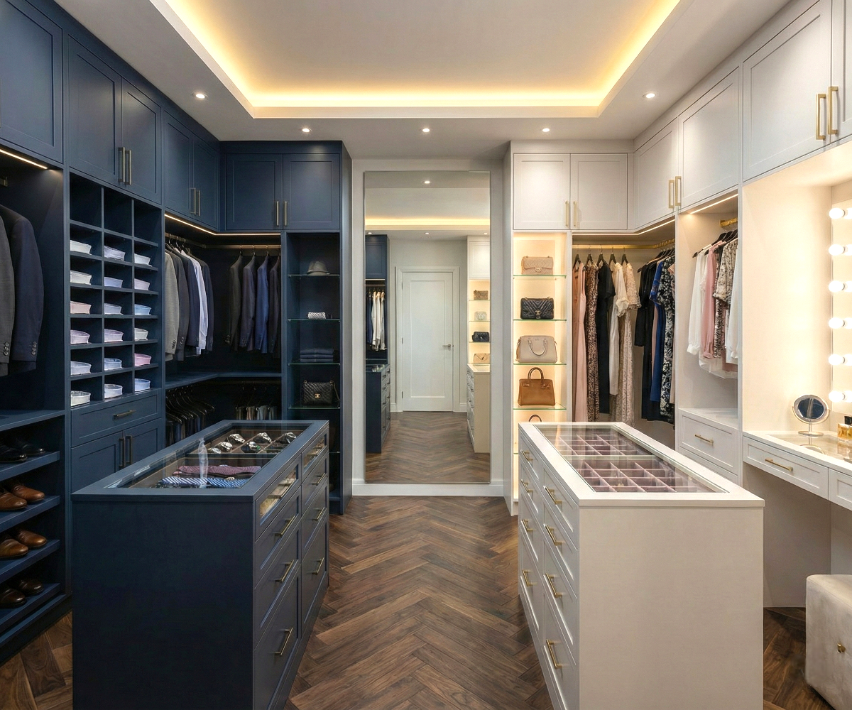 Dual tone split walk-in closet in navy and cream with lit island drawers