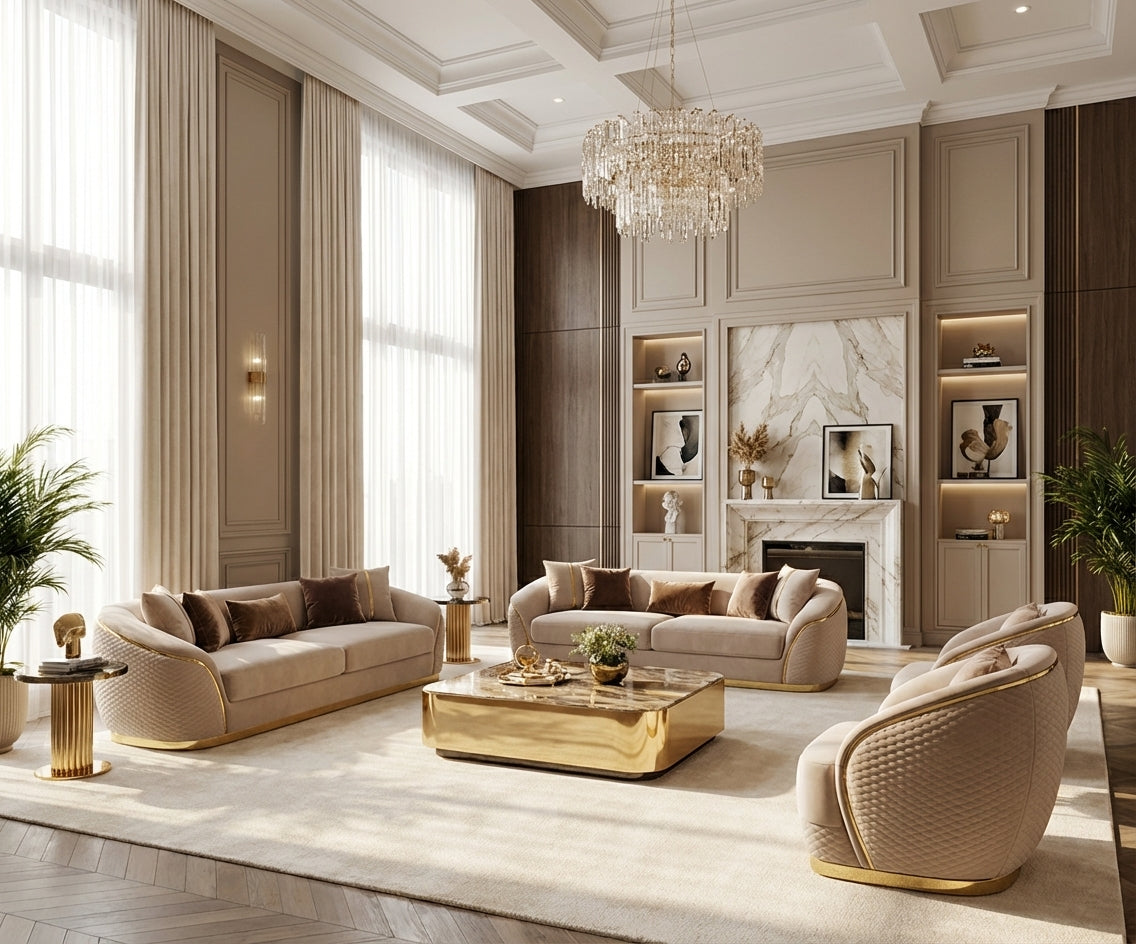 DUBAI beige velvet sofa set in a chandelier-lit marble living room