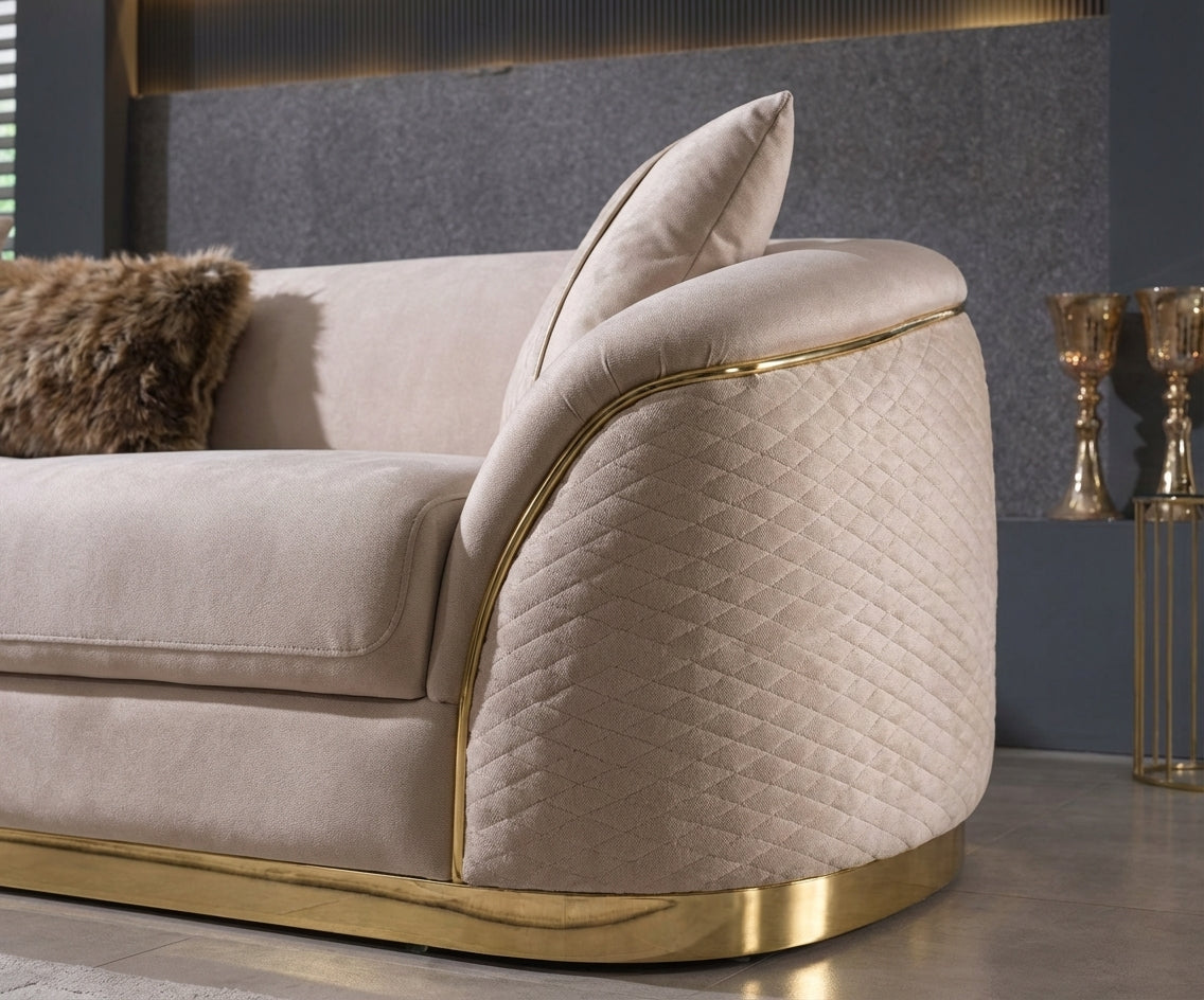 DUBAI beige velvet sofa set in a chandelier-lit marble living room