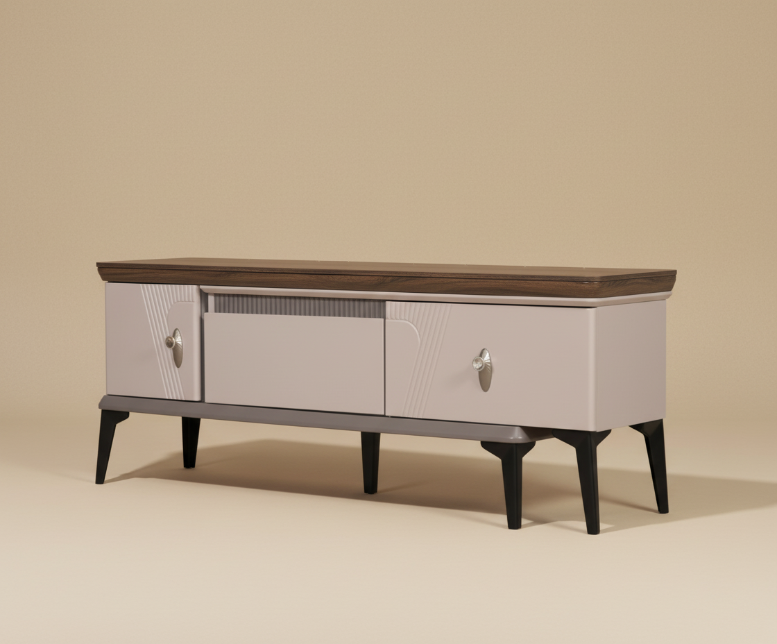 E01-102 adjustable marble unit, angled view with fluted doors and marble top