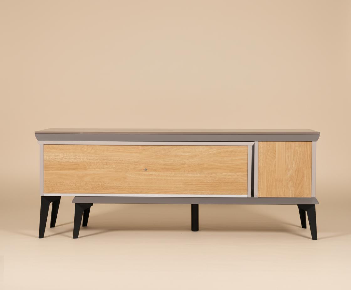 E01-102 adjustable marble unit, angled view with fluted doors and marble top