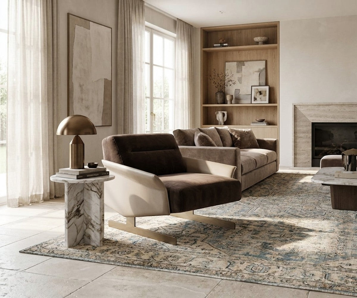 EDESSA elegant two-tone armchair in a living room with a marble fireplace