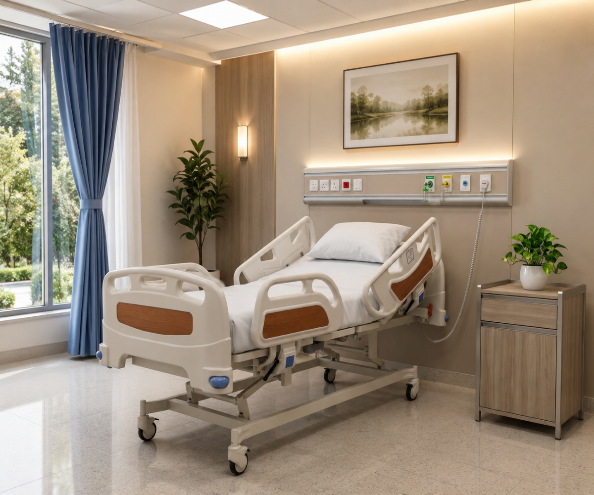 Electric five-function bed in a hospital room with a window and side cabinet