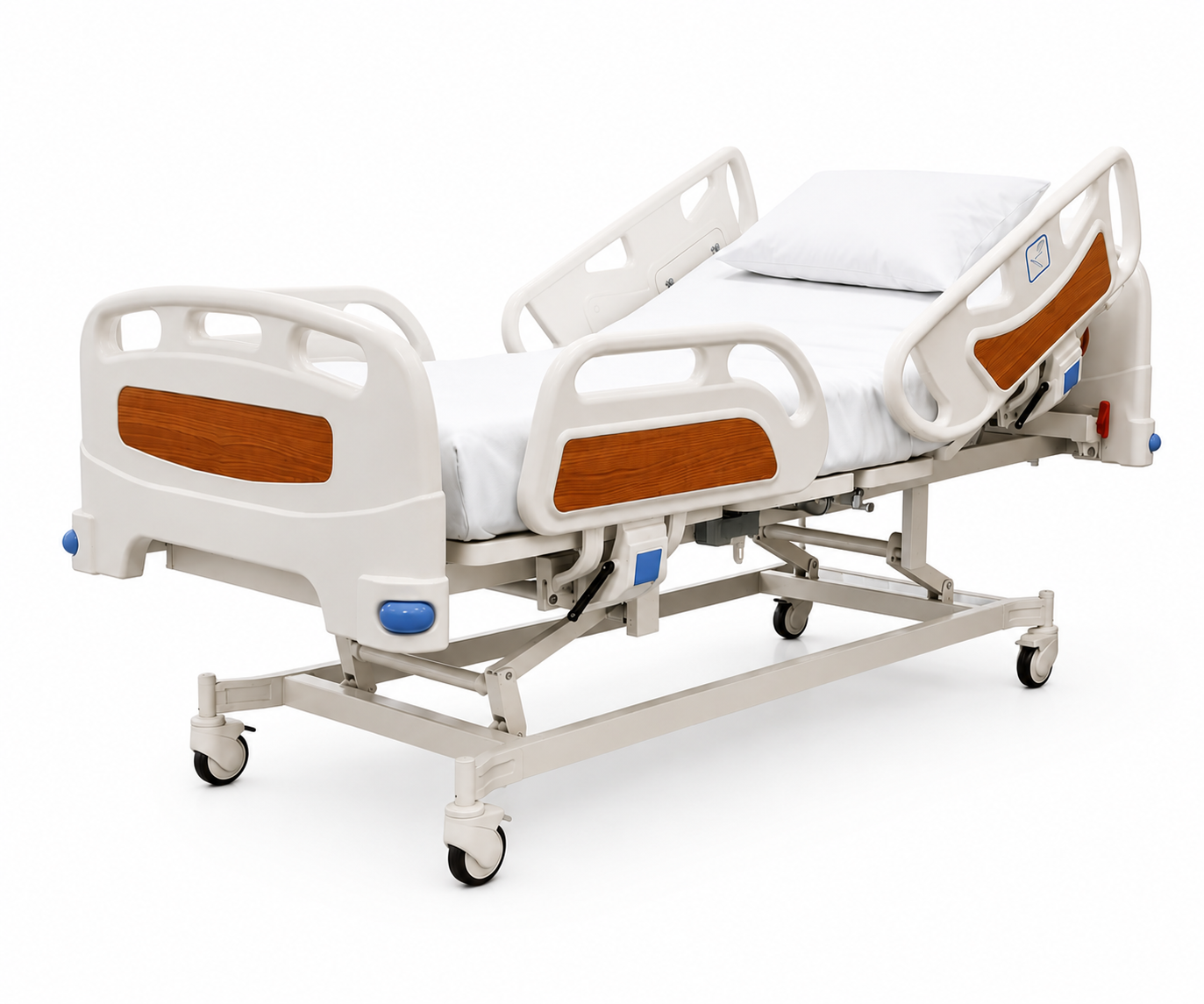 Electric five-function bed in a hospital room with a window and side cabinet