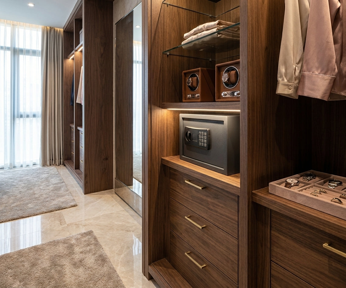 ELECTRONIC SAFE LOCKER E4502E built into a walnut walk-in wardrobe