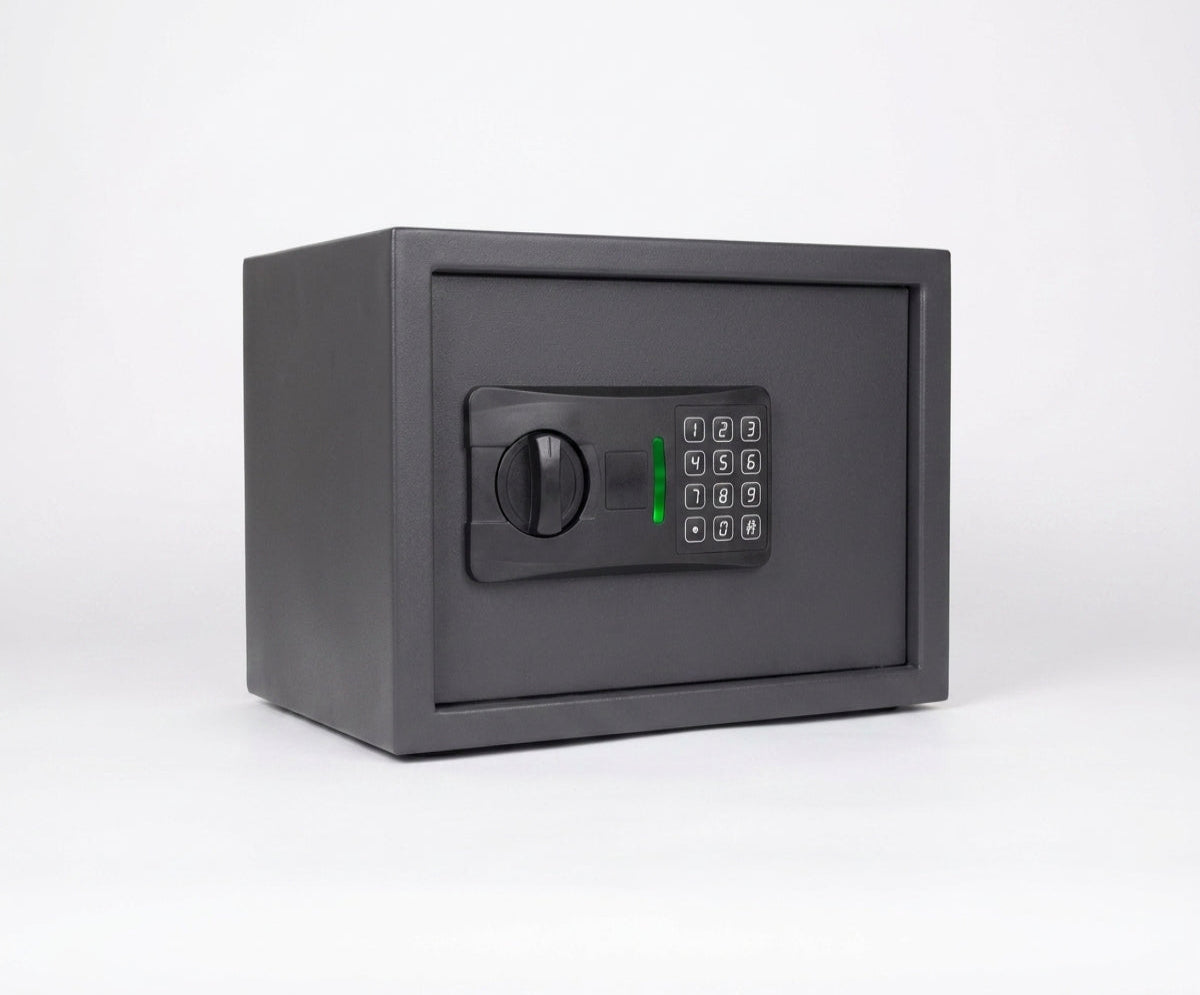 ELECTRONIC SAFE LOCKER E4502E built into a walnut walk-in wardrobe