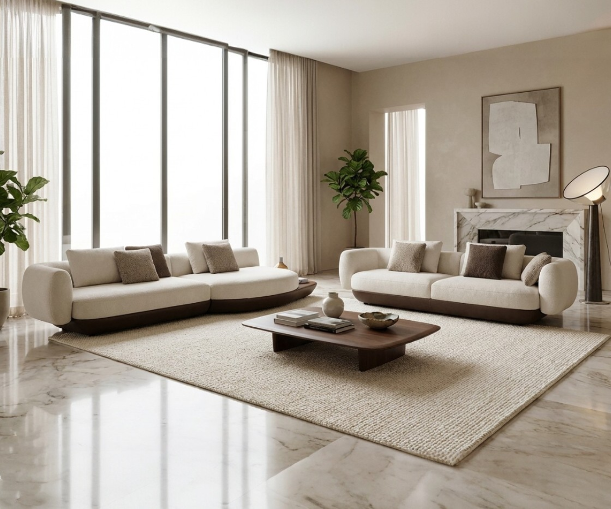 ELENOR cream boucle sofa in a bright marble-floored living room