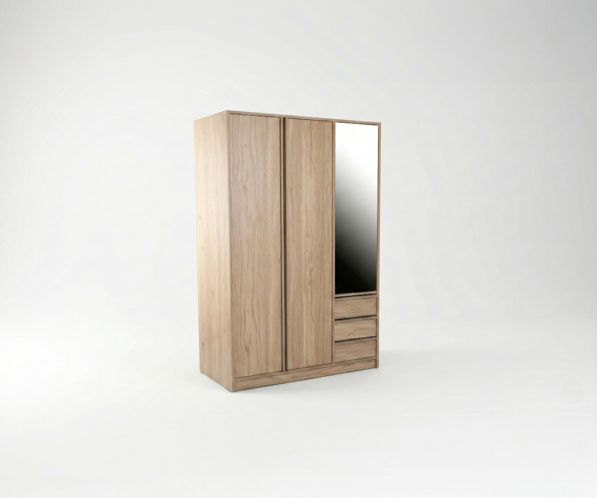 ELIAS mirrored oak wardrobe in a concrete-walled bedroom beside an armchair