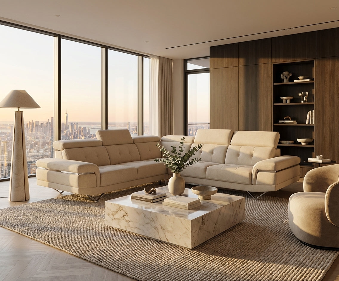 Eliott cream leather corner sofa in a city-view living room