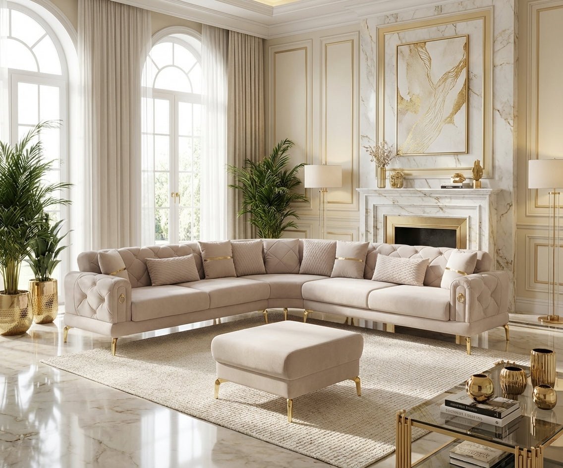 ELITRA corner sofa set gold in a classic room with arched windows