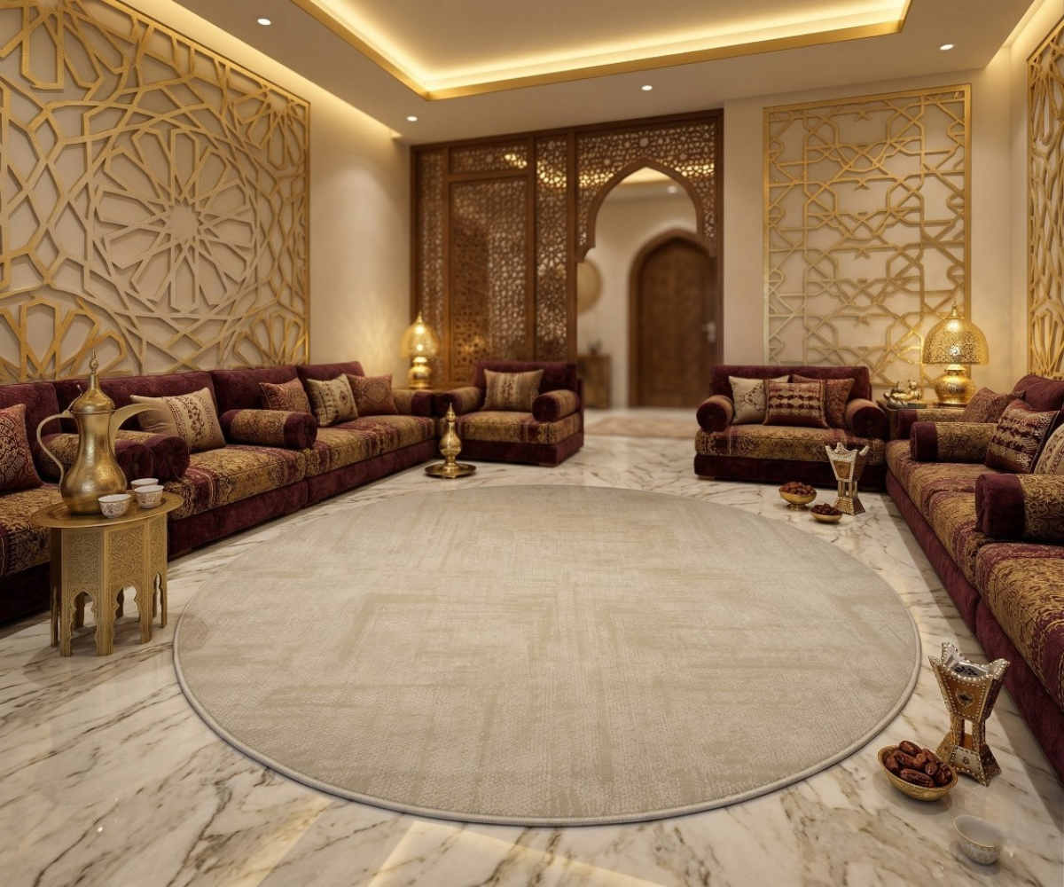 ELYSIAN beige geometric round rug, 150x150 cm, in a gold-screened majlis