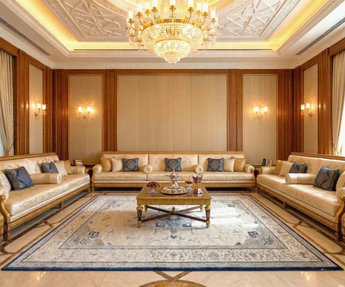 ELYSIAN cobalt medallion carpet, 250x350 cm, in a wood-panelled majlis
