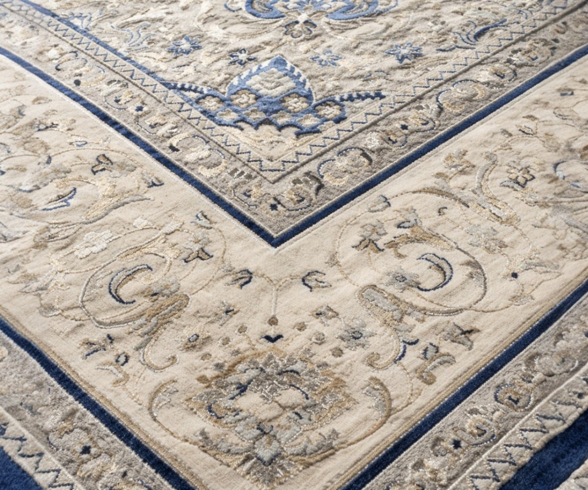 ELYSIAN cobalt medallion carpet, 250x350 cm, in a wood-panelled majlis
