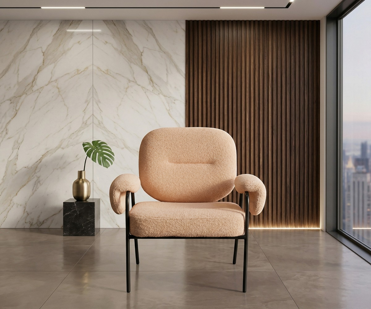 ENZO modern boucle armchair 613 in a marble-walled room with a city view