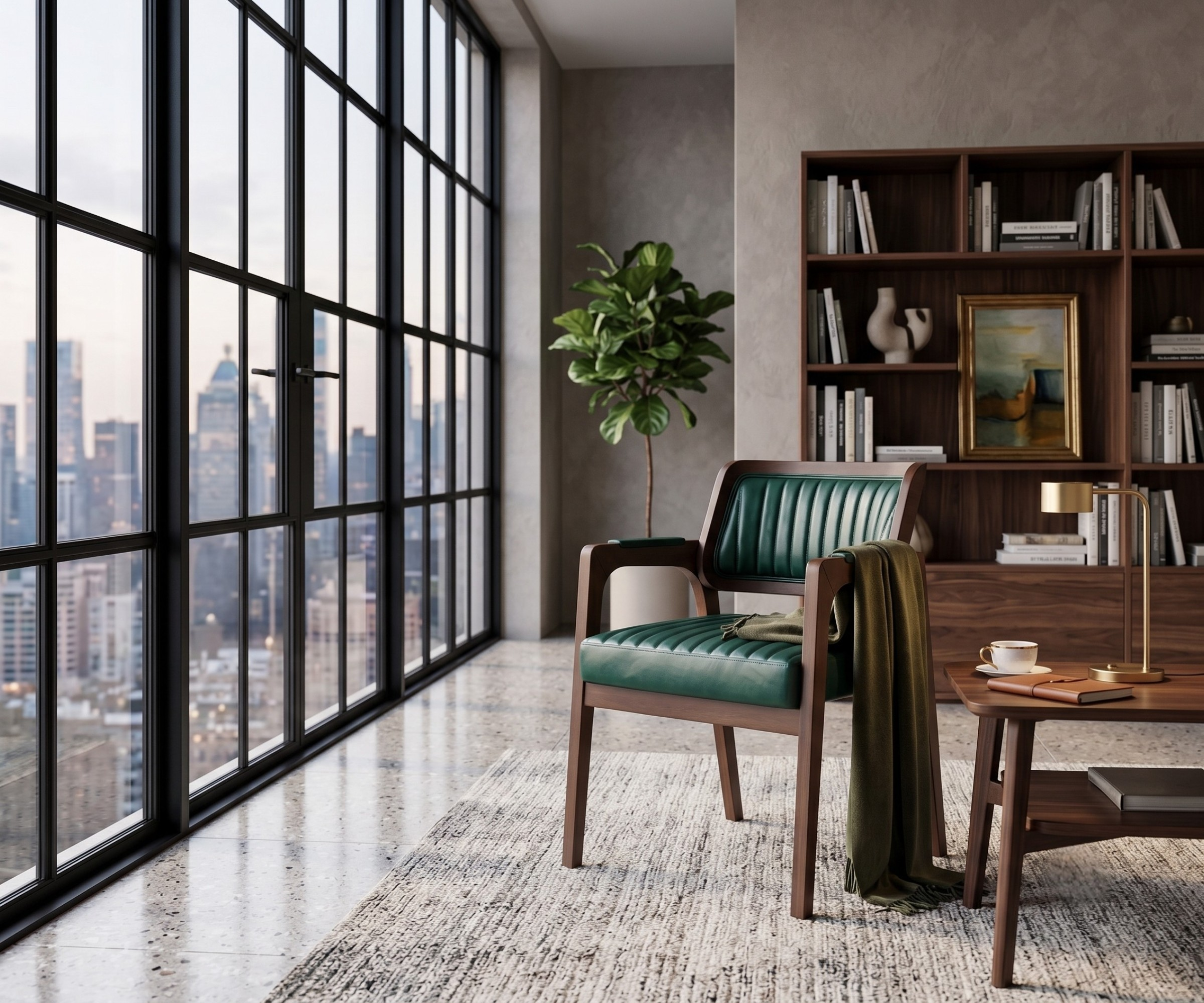 Ermione wicker chair in a city-view study beside a bookcase