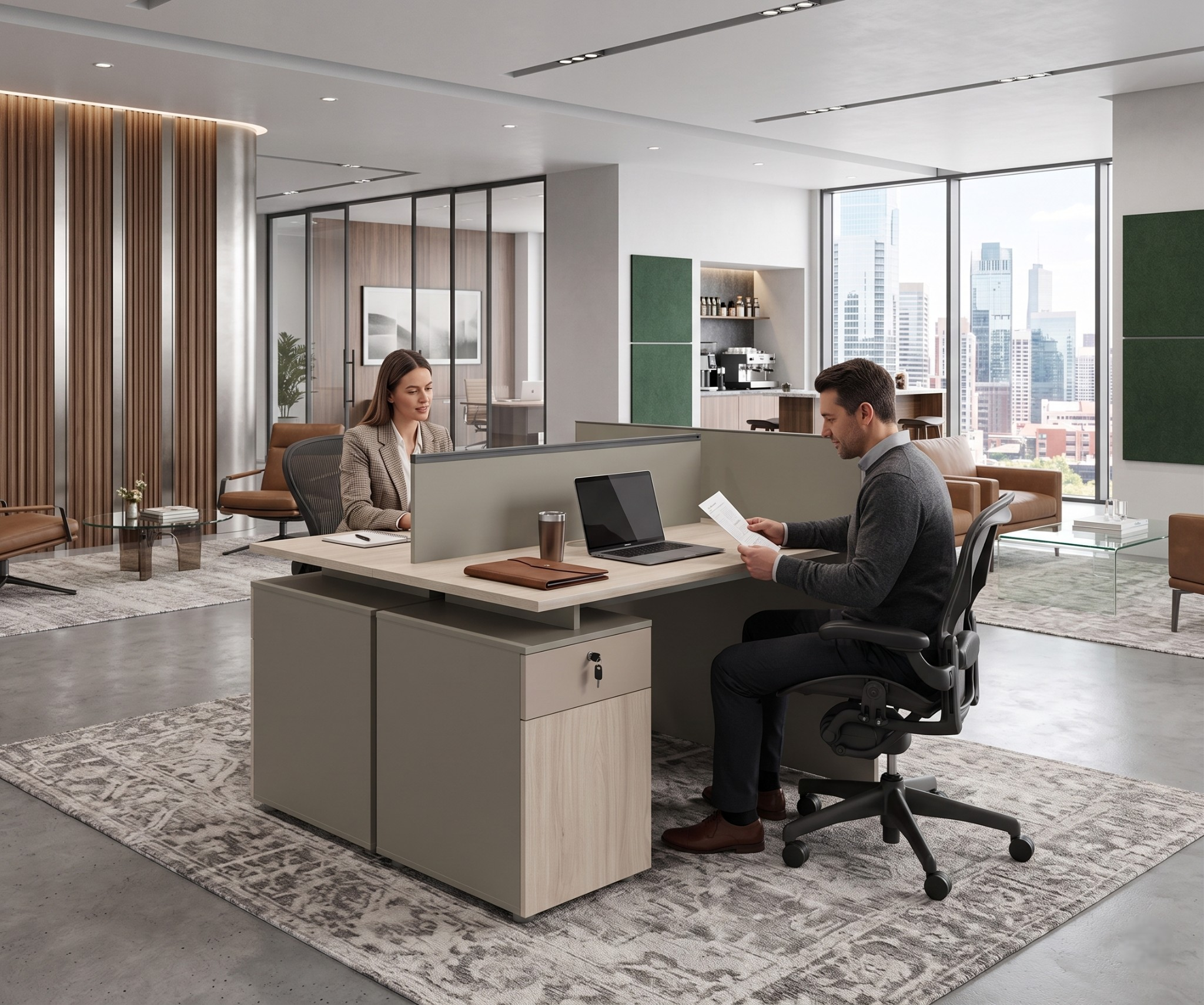 Executive workstation desk with two people working in an open-plan office