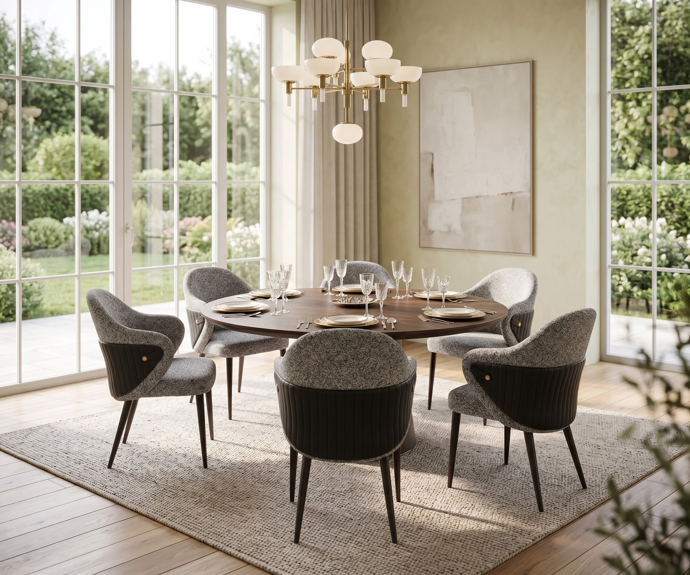 #F457 dining chair, six chairs around a round dining table in a garden-view room