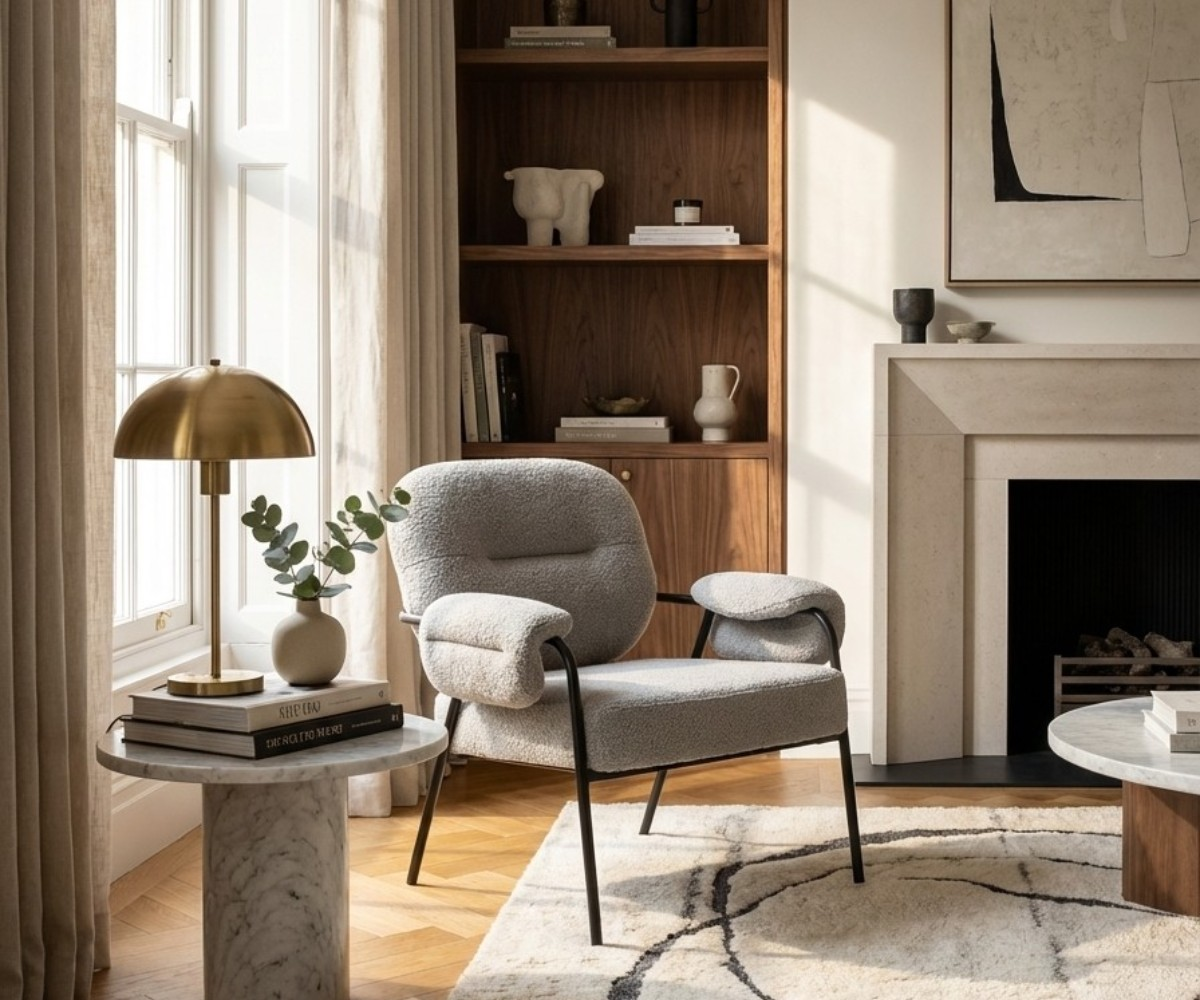 FALKEN beige boucle lounge armchair beside a fireplace and brass lamp