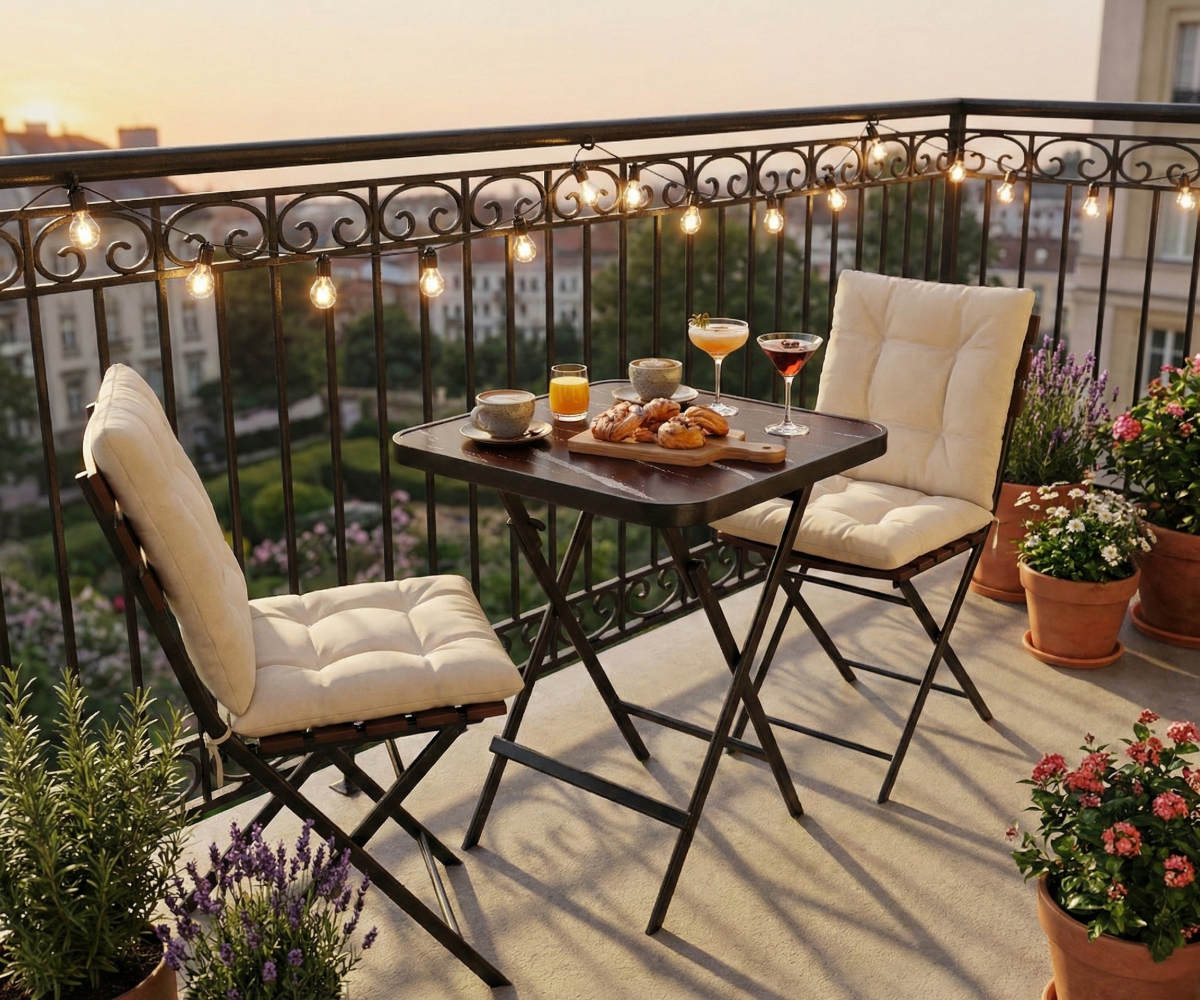 FF017-4 table, folding table set on a string-lit balcony at dusk