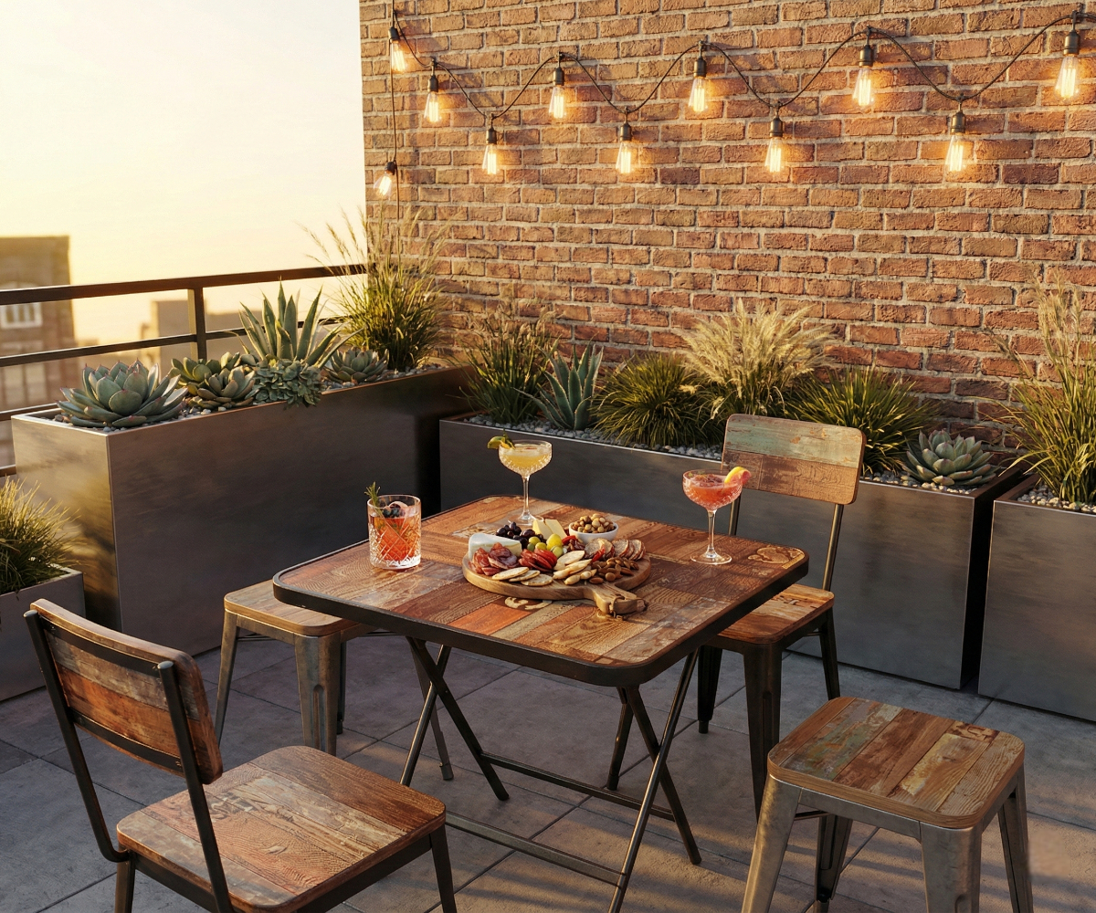 FF017-6 table, folding table set on a brick-walled roof terrace at dusk
