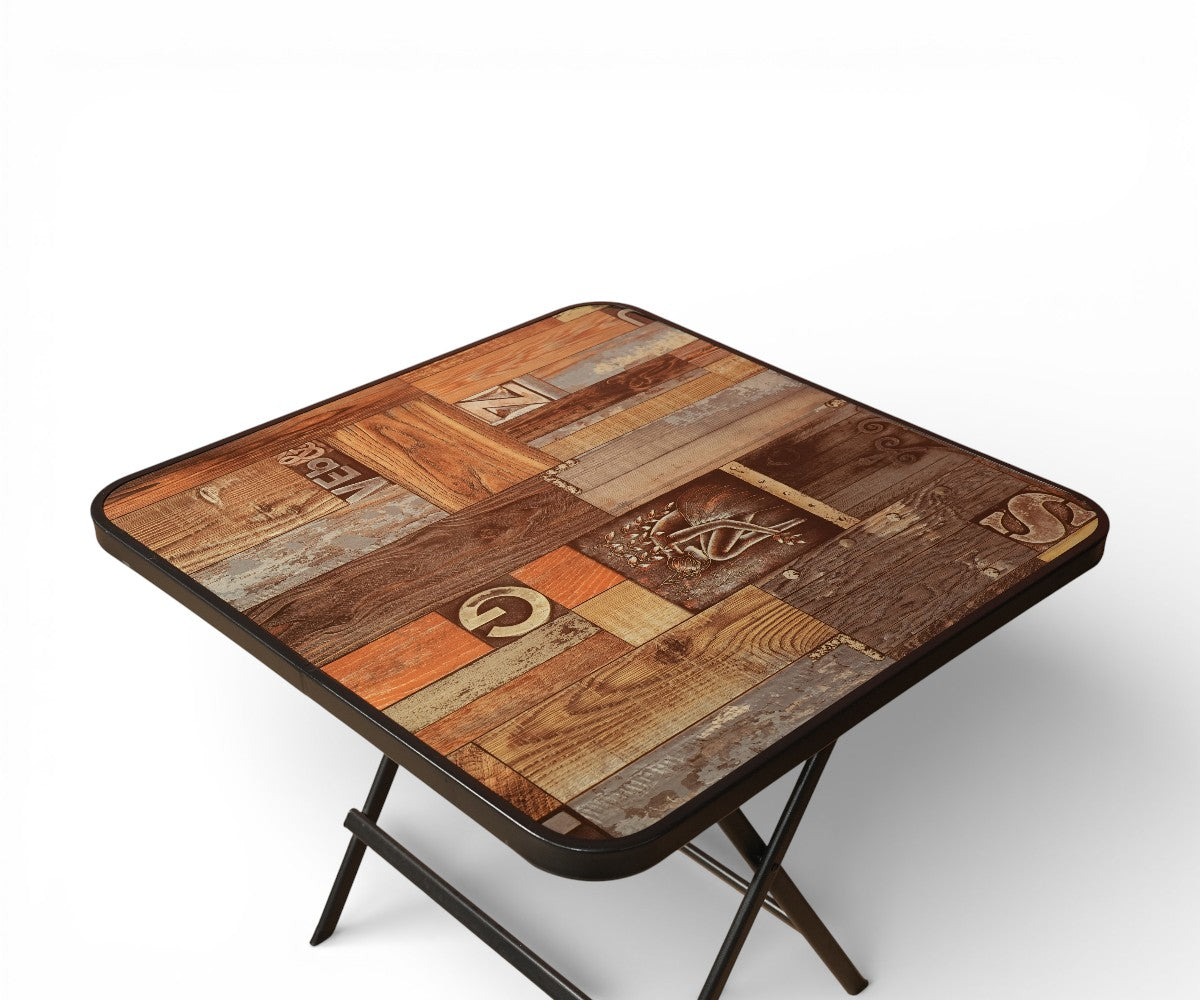 FF017-6 table, folding table set on a brick-walled roof terrace at dusk