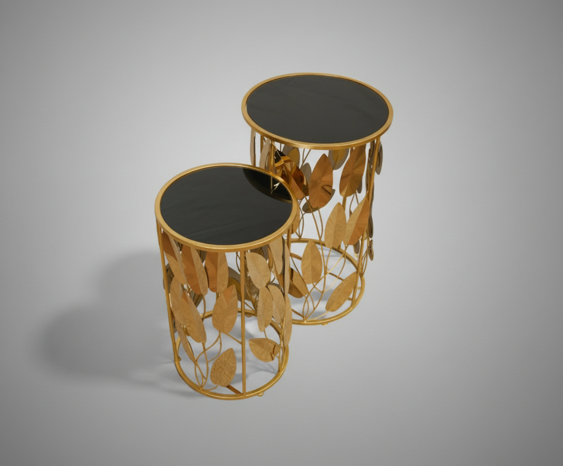 FFO16-16 grey marble table, angled view of the nested gold pair