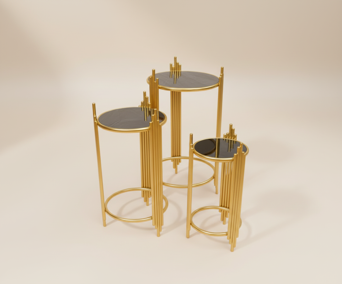 FFO16-18 wood nesting tables, angled view of the three-piece gold set