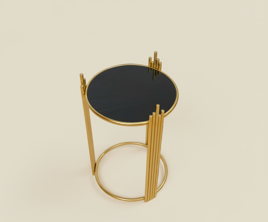 FFO16-18 wood nesting tables, angled view of the three-piece gold set