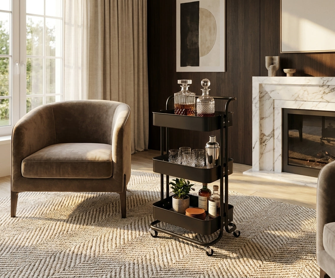 FFO17-3 trolley shelving in a warm living room beside a marble fireplace