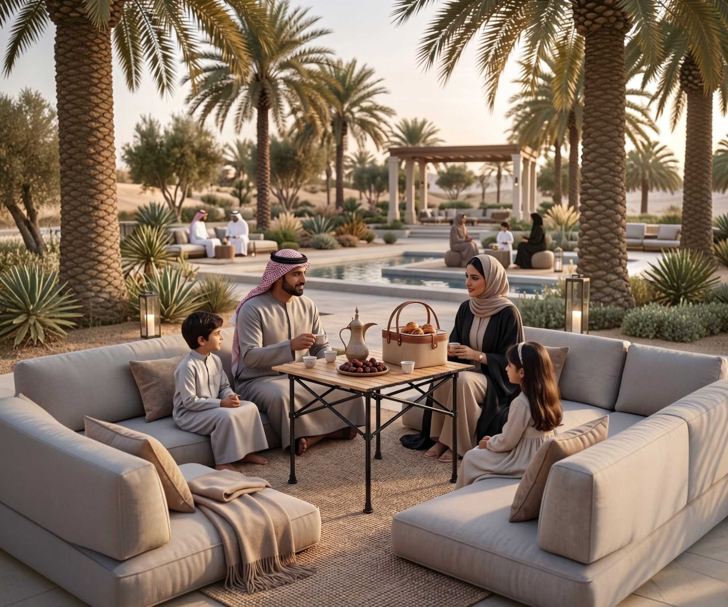 FFO19-7 outdoor table, roll-top table in use at a palm-lined poolside majlis