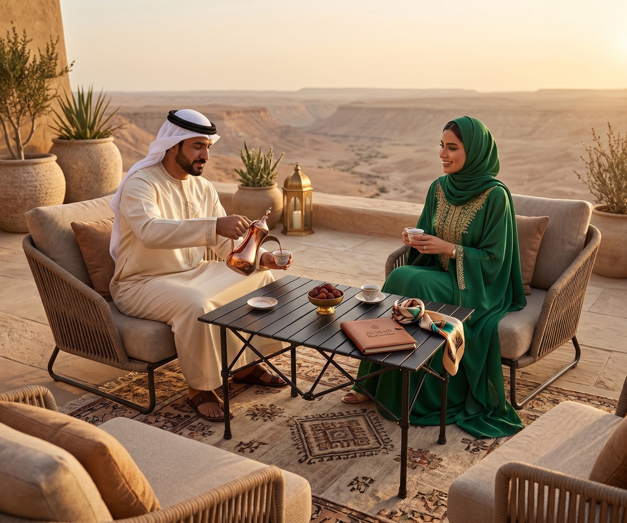 FFO19-8 outdoor table, low folding table at a desert-view terrace seating area