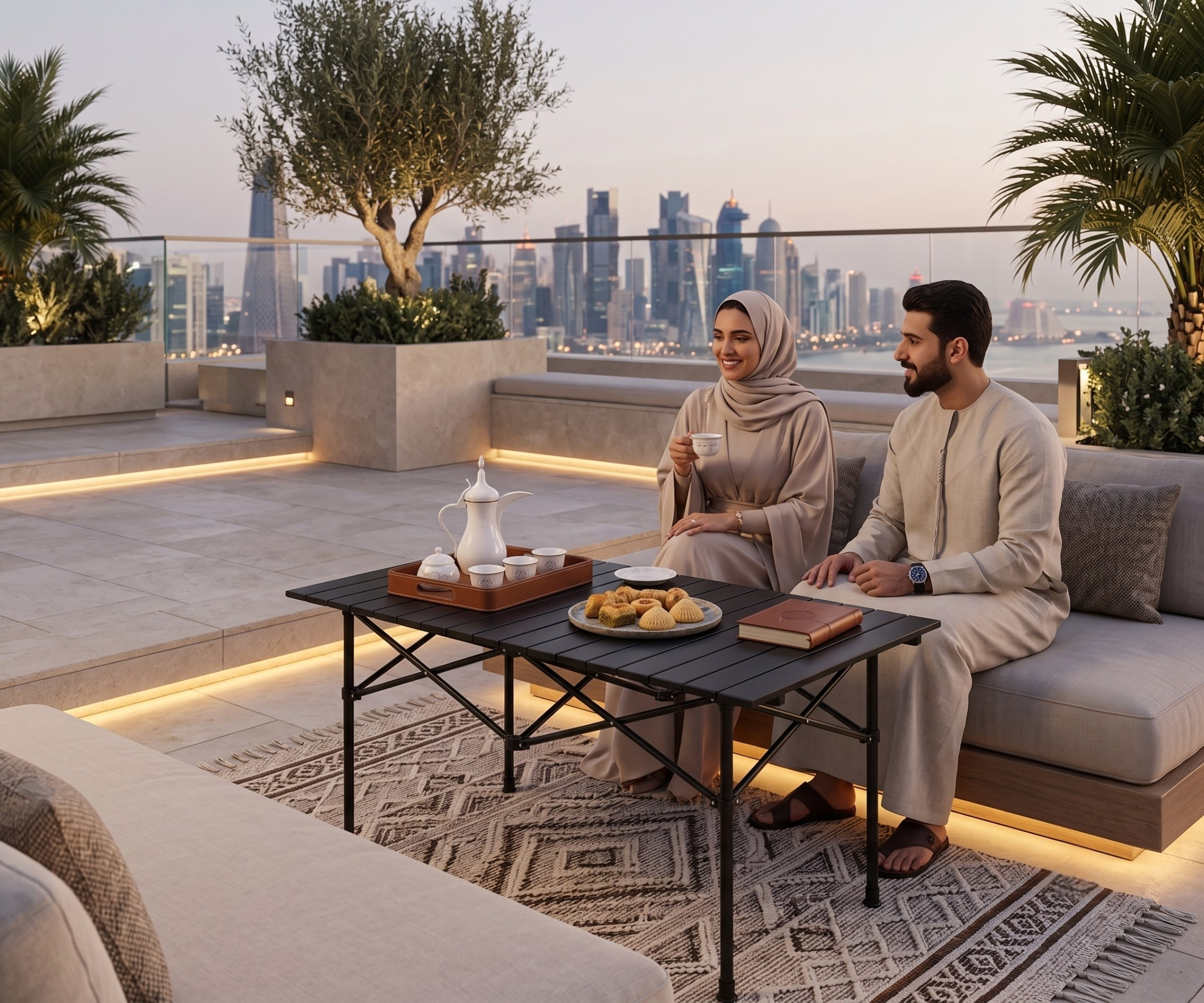 FFO19-9 outdoor table, roll-top table on a city-skyline roof terrace at dusk