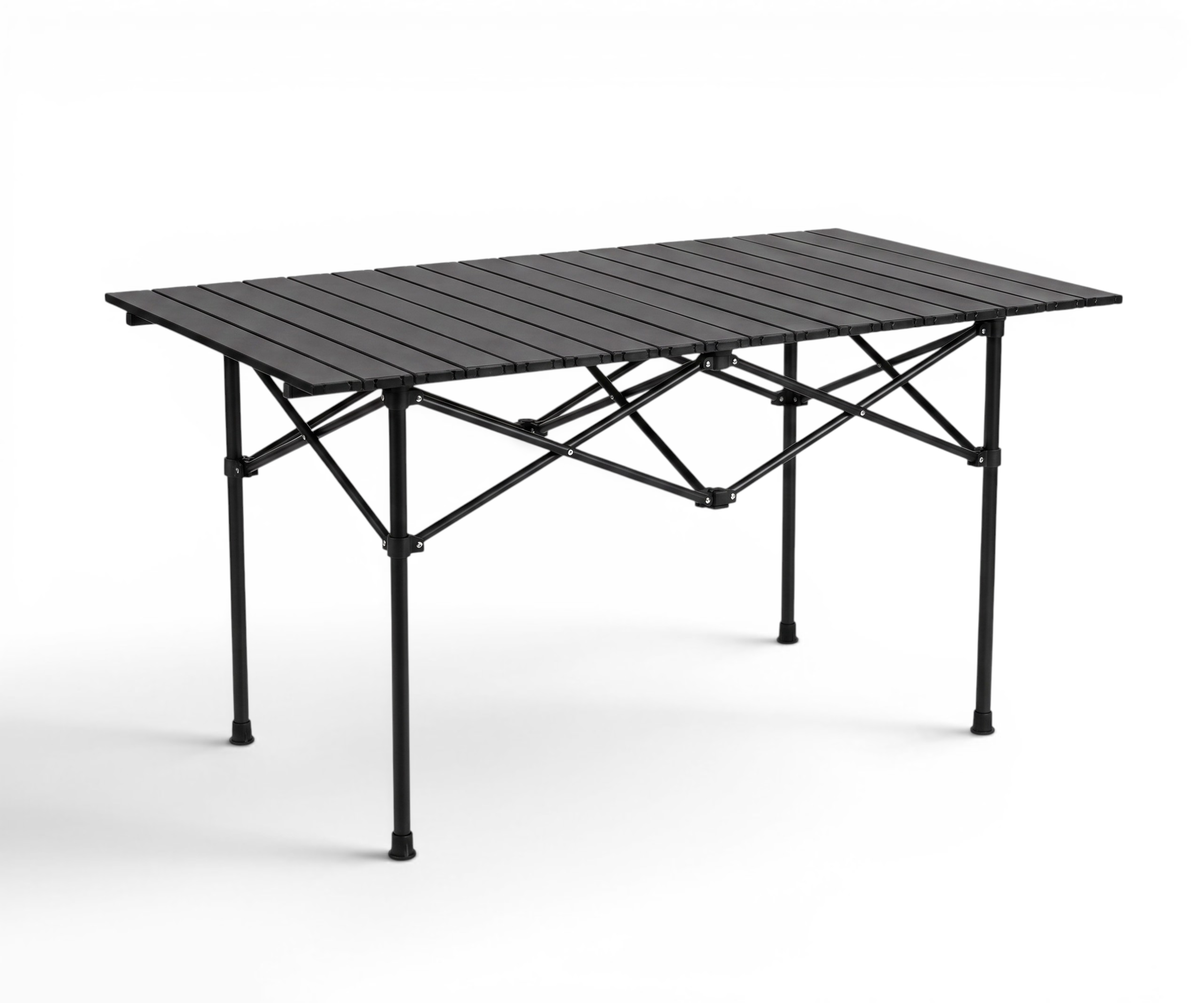 FFO19-9 outdoor table, roll-top table on a city-skyline roof terrace at dusk