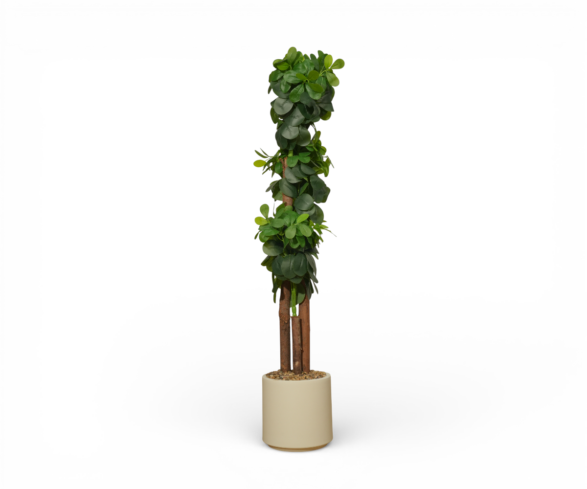 Fiddle Pillar artificial column plant in a cream cylindrical planter