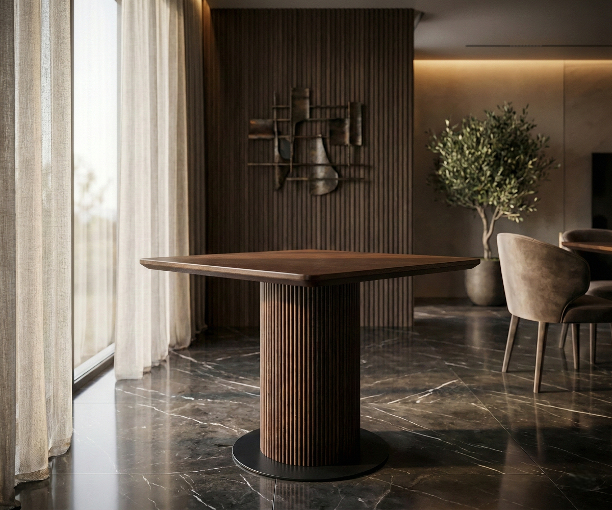 Fluted pedestal table in a warm restaurant with marble flooring