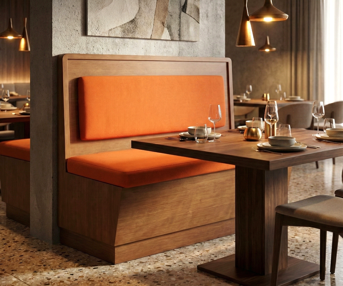 Frame booth banquette in a warm restaurant beside a walnut table