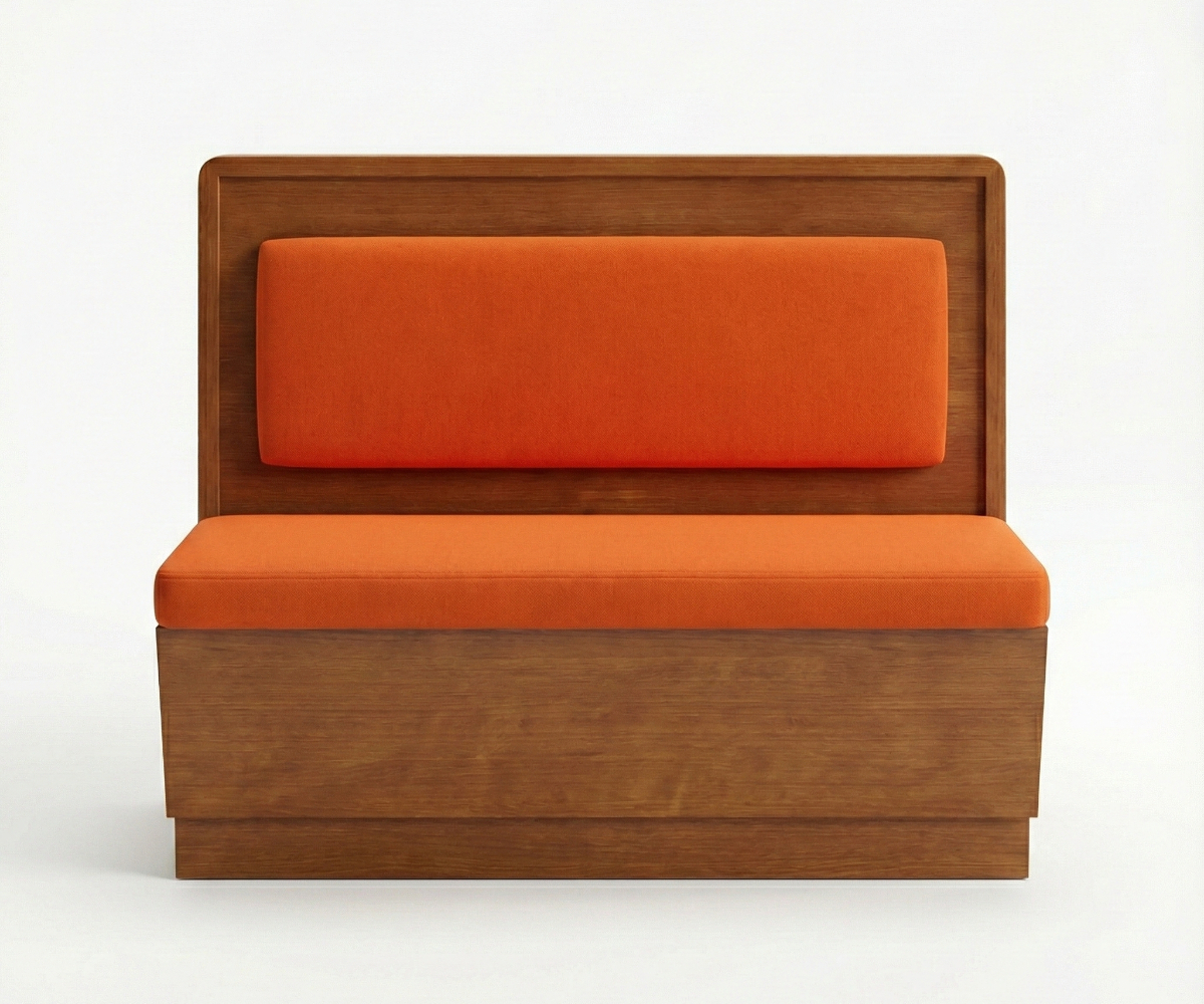 Frame booth banquette in a warm restaurant beside a walnut table