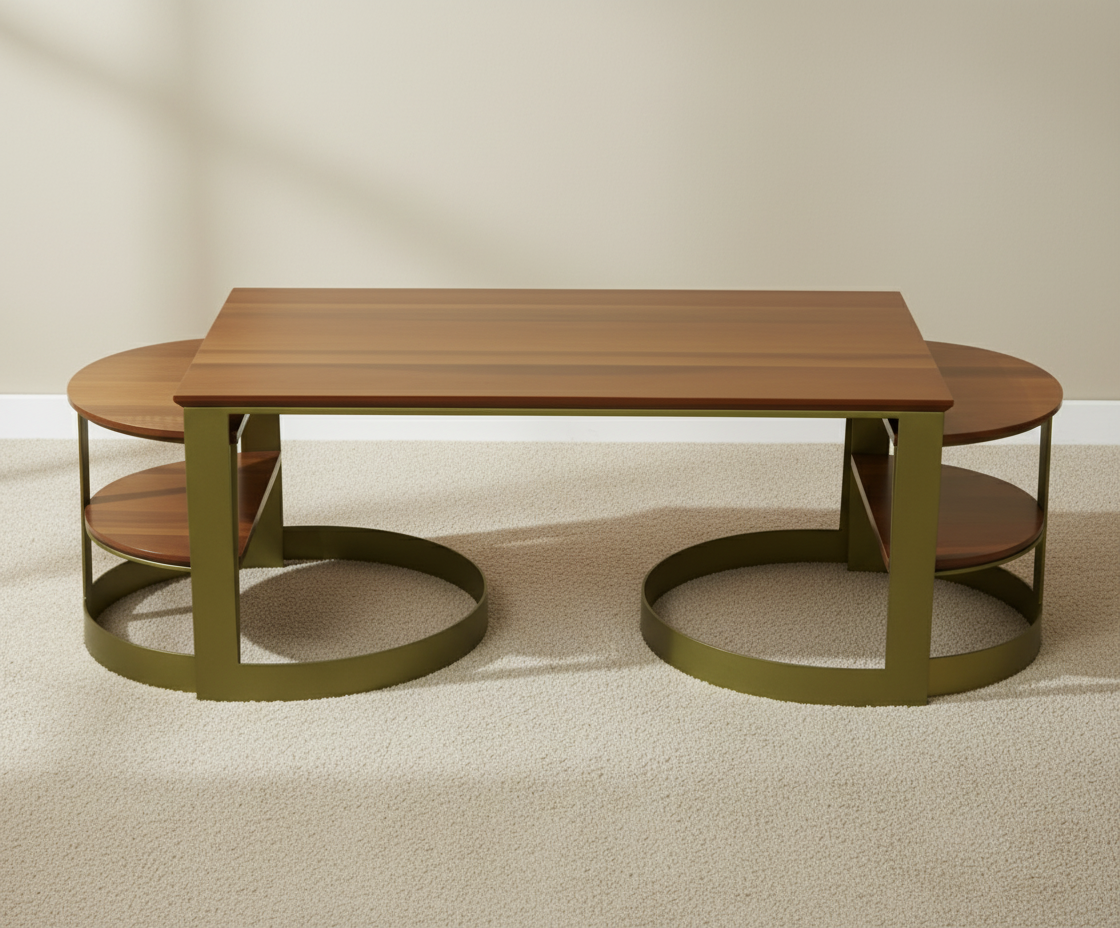 Fuga Orta walnut tables, front view of the pair on brass ring bases