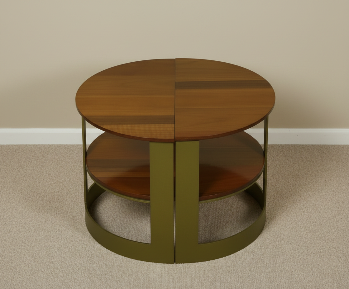 Fuga Orta walnut tables, front view of the pair on brass ring bases