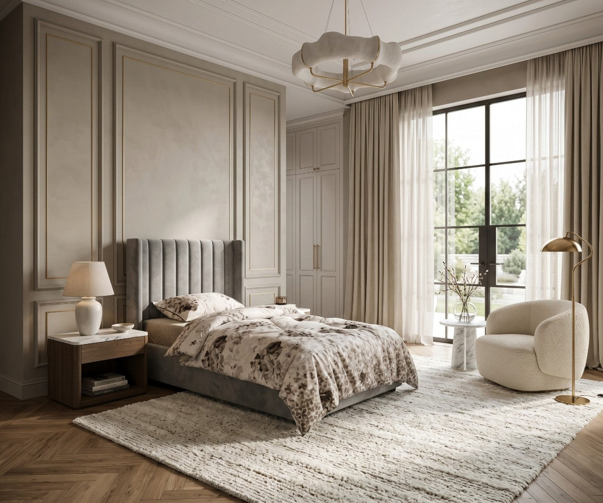 Grey upholstered bed frame from Furniture Factory Outlet featuring a tall wingback headboard with vertical channel tufting. Mattress and bedding not included.