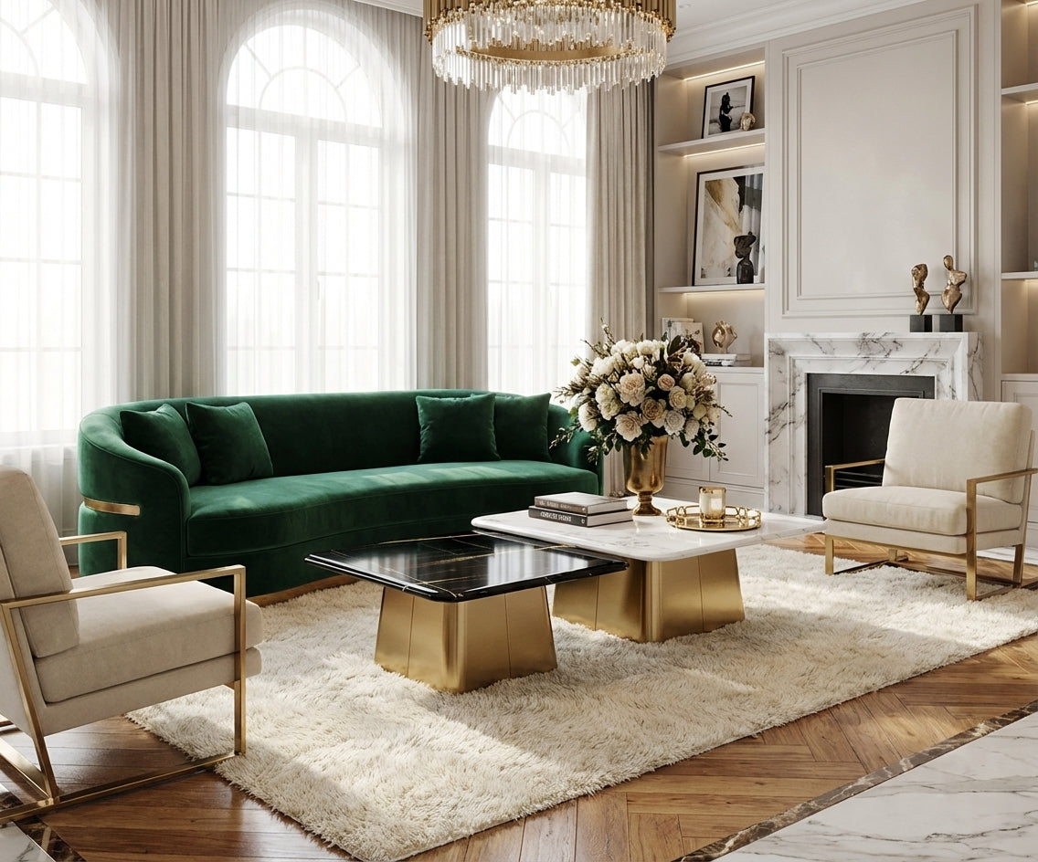 G07# gold marble set beside a green velvet sofa in a bright panelled room