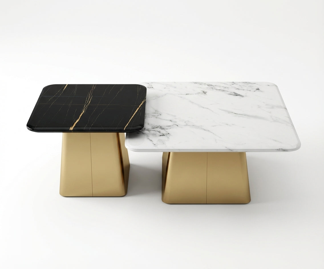 G07# gold marble set beside a green velvet sofa in a bright panelled room